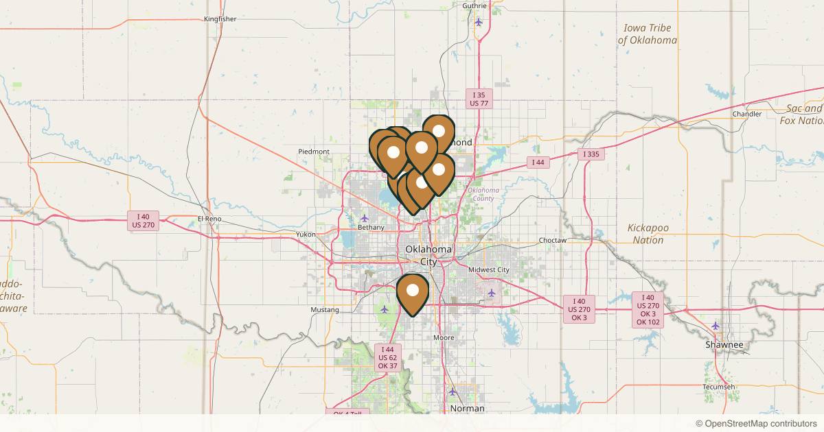 Map of 10 plastic surgery practices in Oklahoma City, Oklahoma