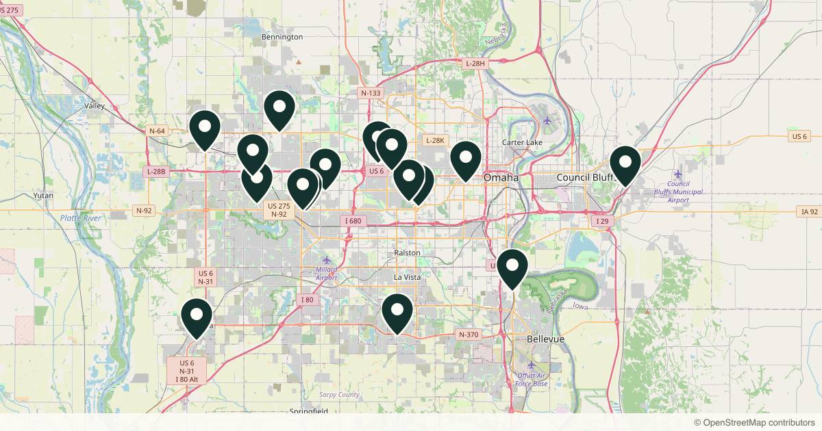 Map of 16 dermatology practices in Omaha, Nebraska