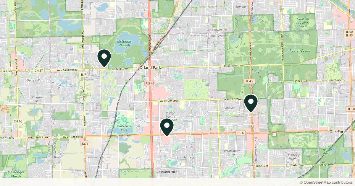 Map of 5 plastic surgery practices in Orland Park, Illinois