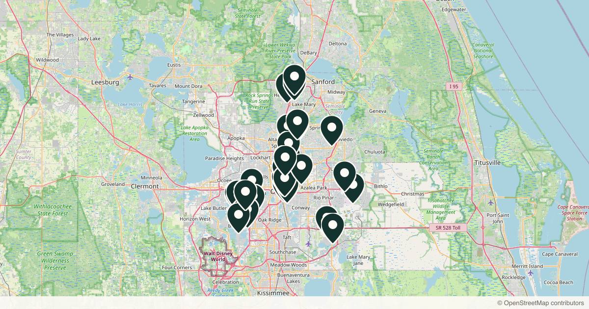 Map of 28 dermatology practices in Orlando, Florida