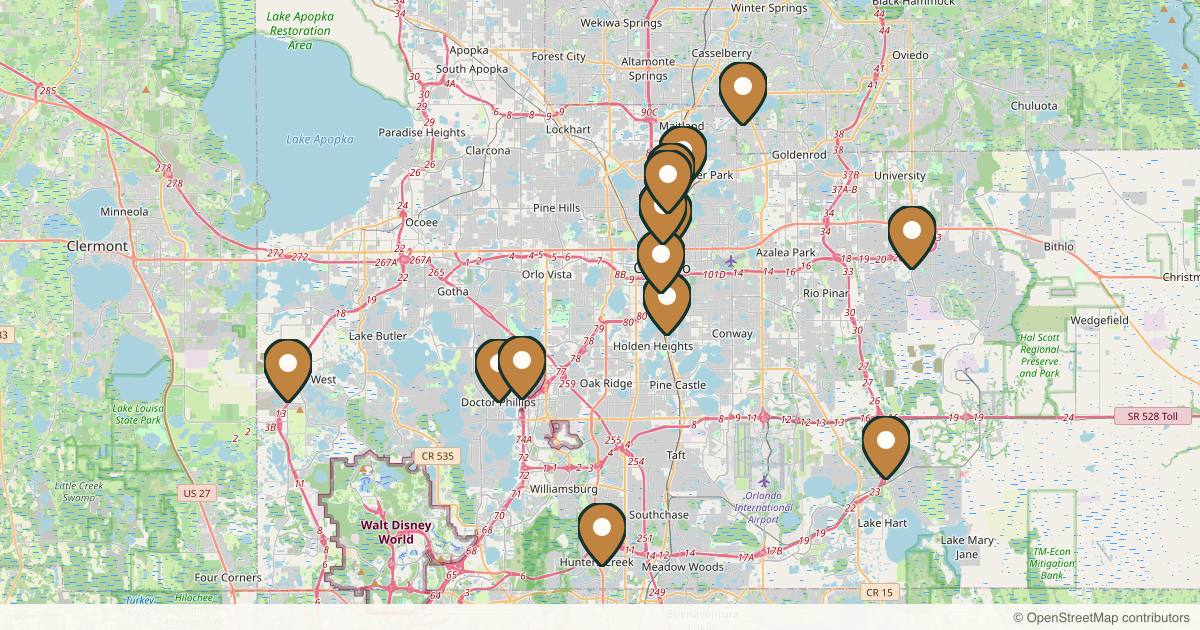 Map of 16 plastic surgery practices in Orlando, Florida
