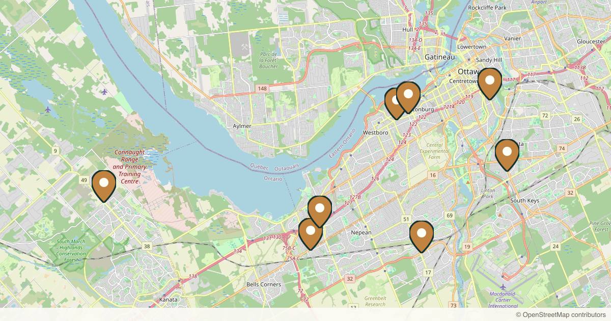 Map of 8 plastic surgery practices in Ottawa, Ontario