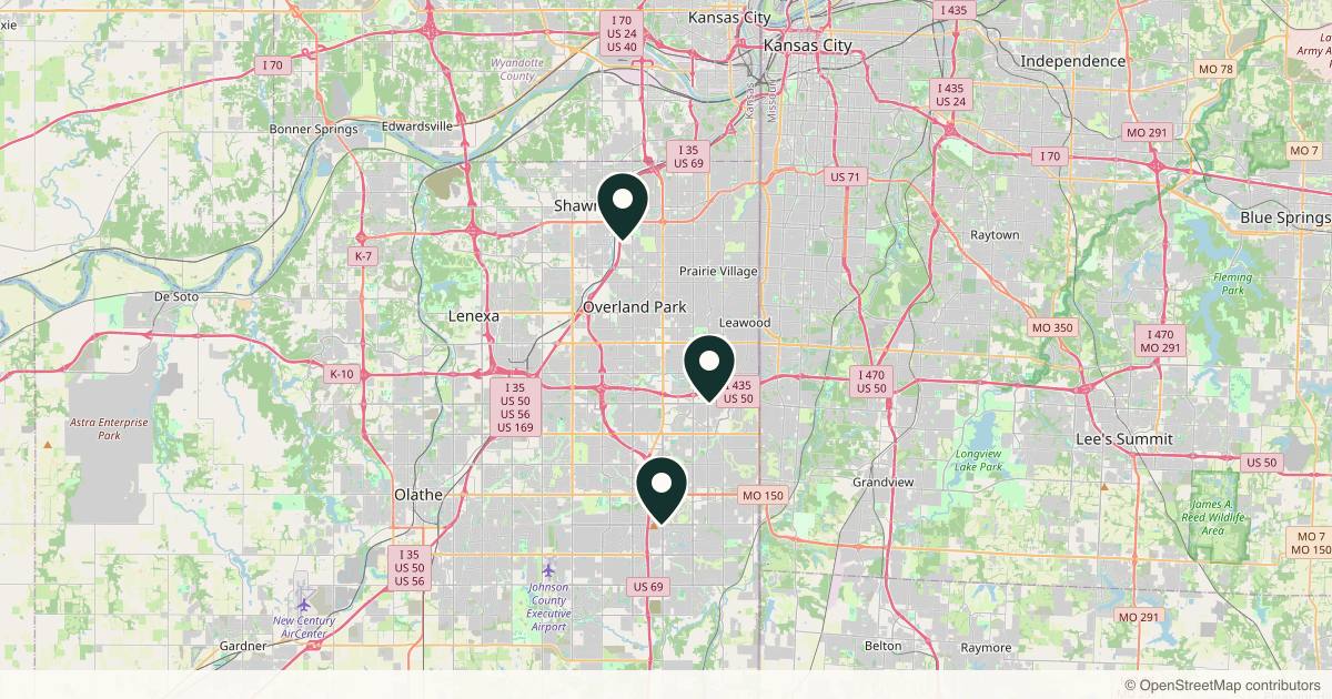 Map of 3 plastic surgery practices in Overland Park, Kansas