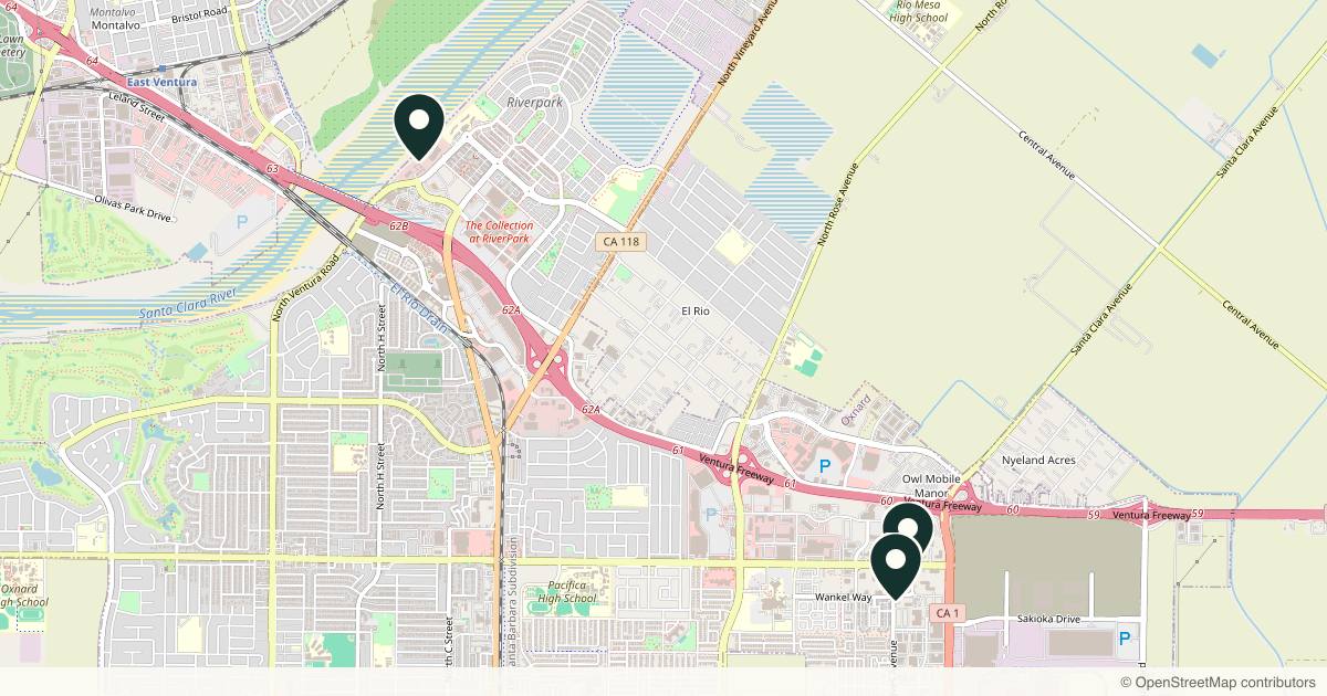 Map of 3 plastic surgery practices in Oxnard, California