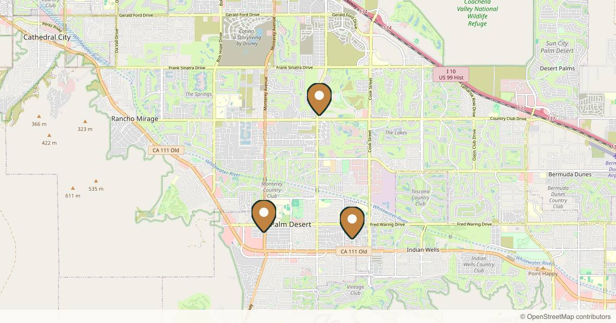 Map of 3 plastic surgery practices in Palm Desert, California