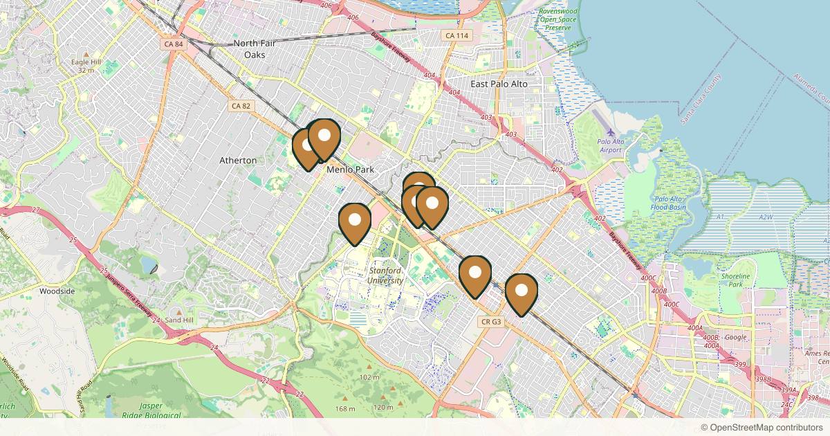 Map of 9 plastic surgery practices in Palo Alto, California