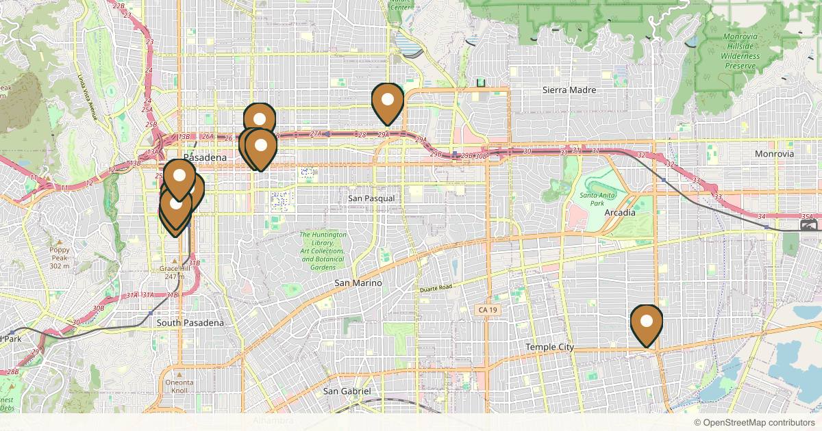 Map of 10 plastic surgery practices in Pasadena, California