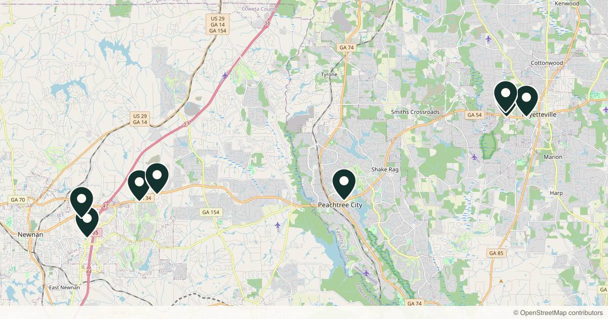 Map of 9 dermatology practices in Peachtree City, Georgia