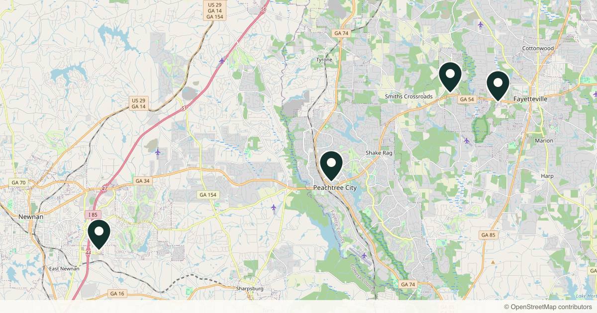 Map of 5 plastic surgery practices in Peachtree City, Georgia