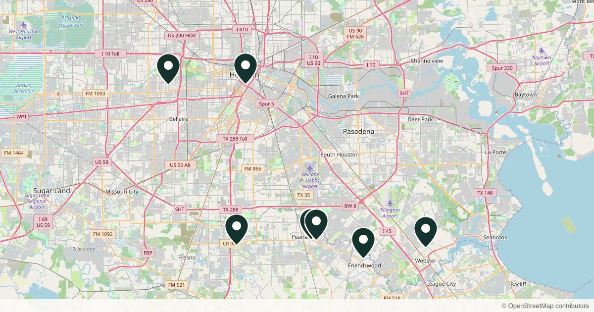 Map of 7 plastic surgery practices in Pearland, Texas