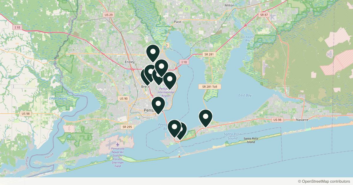Map of 12 dermatology practices in Pensacola, Florida
