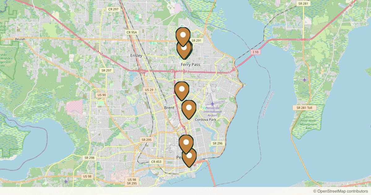 Map of 10 plastic surgery practices in Pensacola, Florida