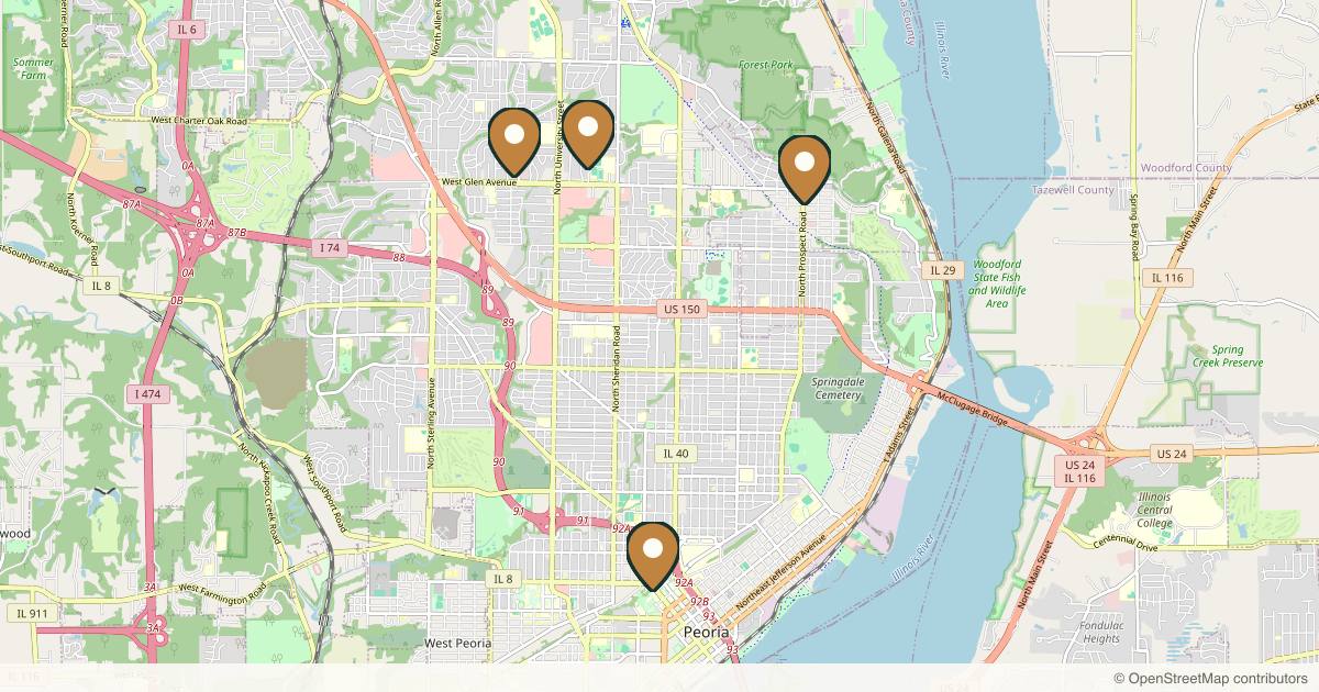 Map of 7 plastic surgery practices in Peoria, Illinois