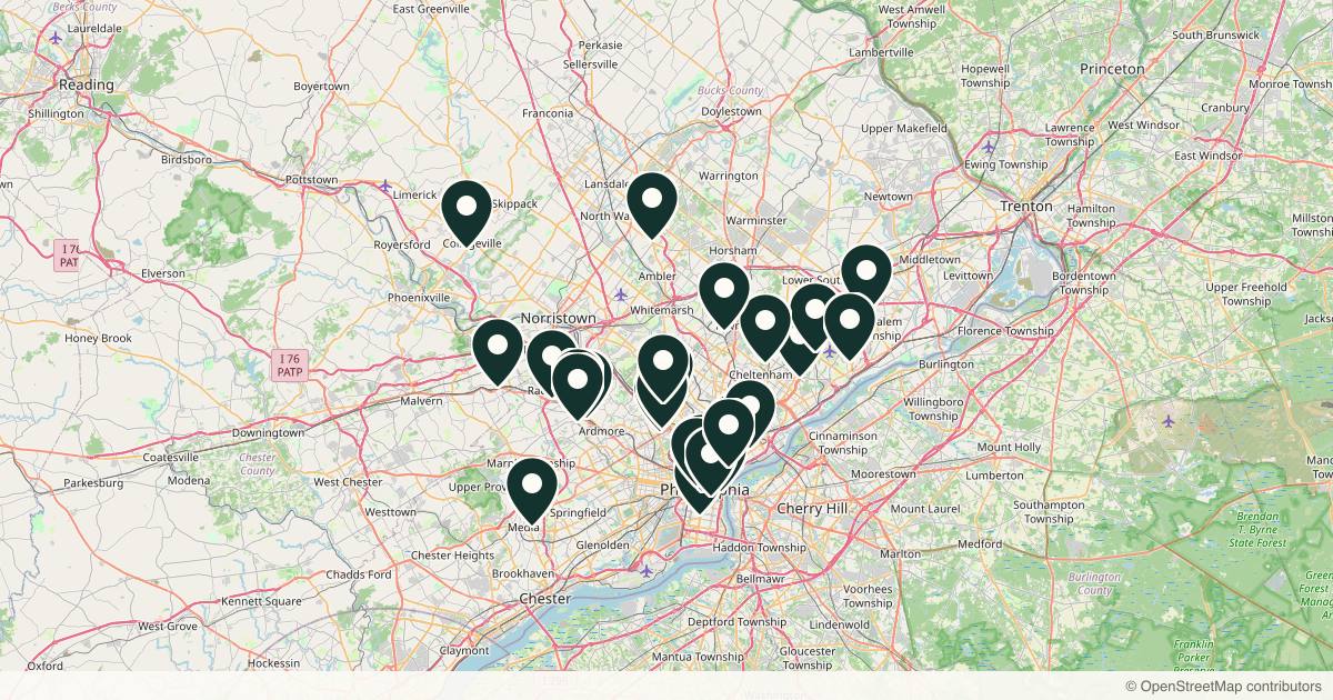 Map of 30 dermatology practices in Philadelphia, Pennsylvania