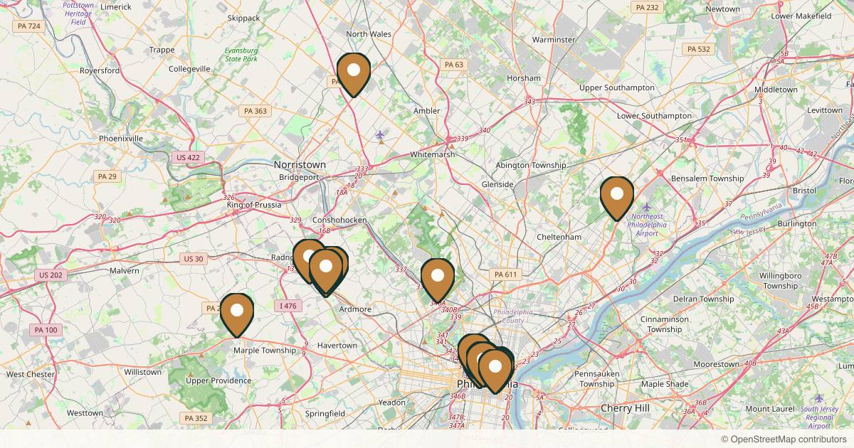 Map of 17 plastic surgery practices in Philadelphia, Pennsylvania
