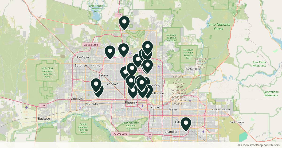 Map of 29 dermatology practices in Phoenix, Arizona
