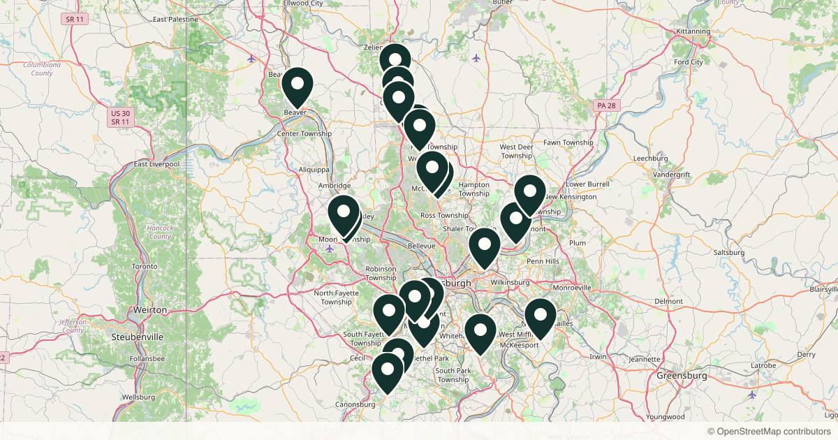 Map of 22 dermatology practices in Pittsburgh, Pennsylvania