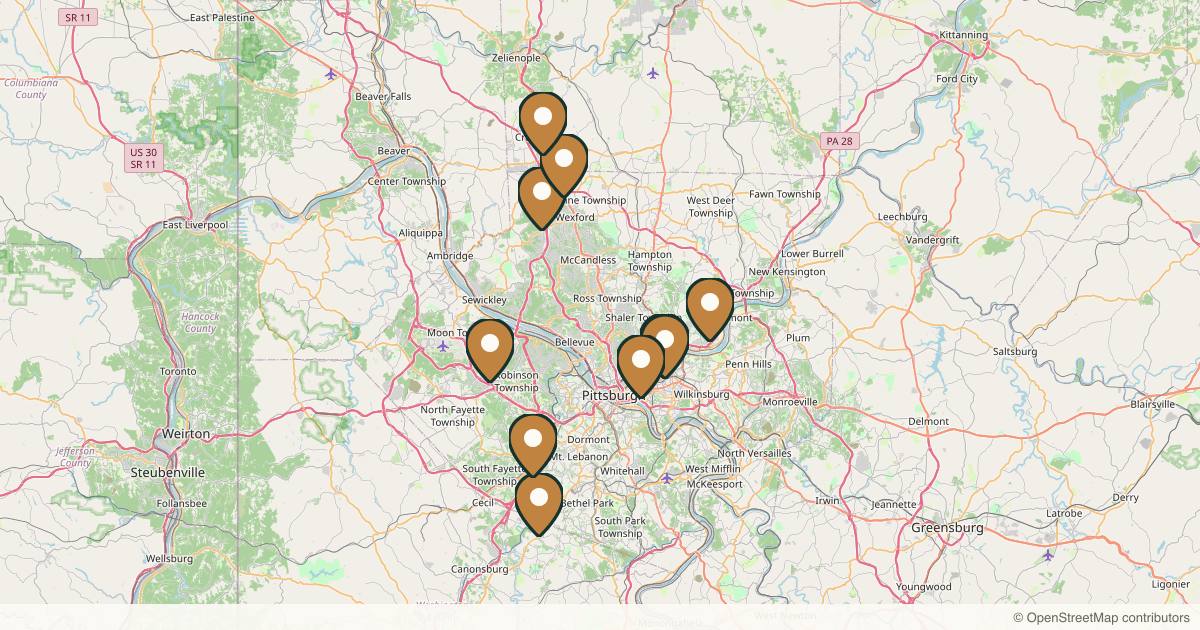 Map of 10 plastic surgery practices in Pittsburgh, Pennsylvania