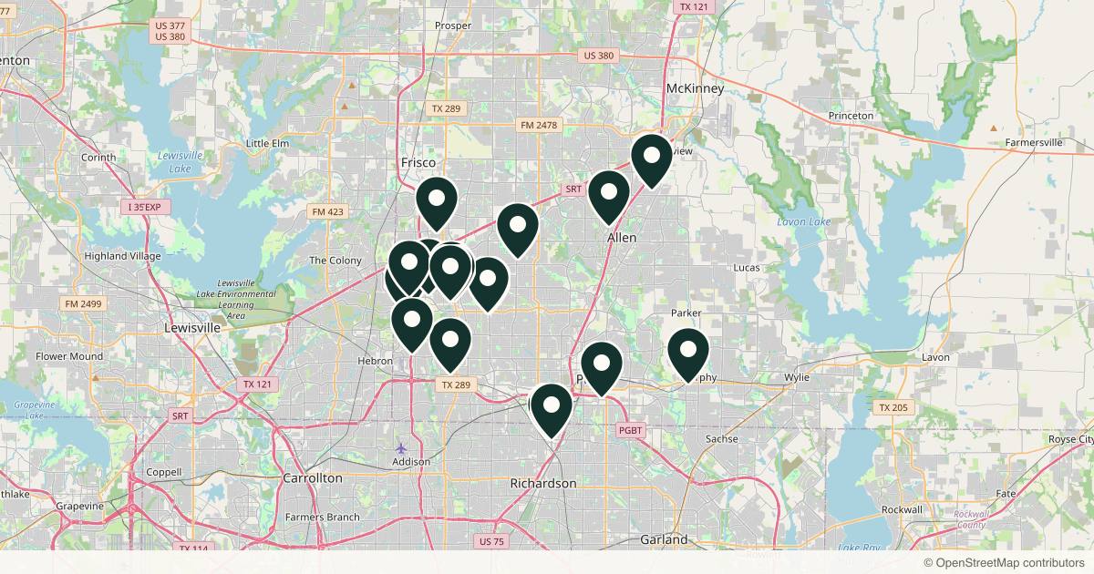 Map of 18 dermatology practices in Plano, Texas