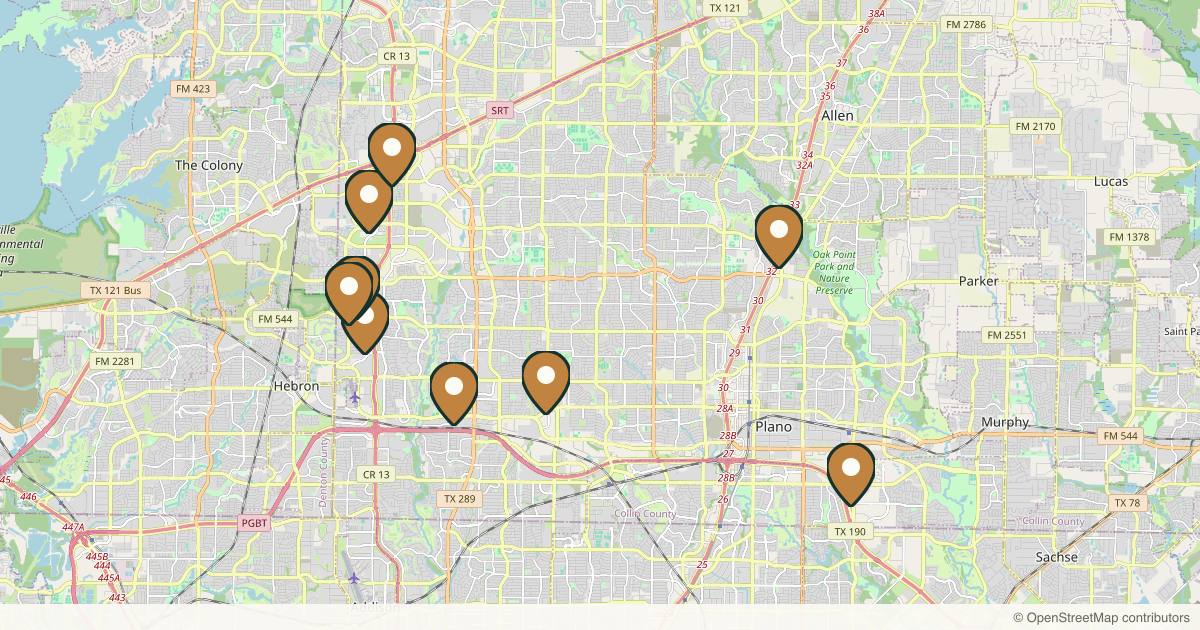 Map of 10 plastic surgery practices in Plano, Texas