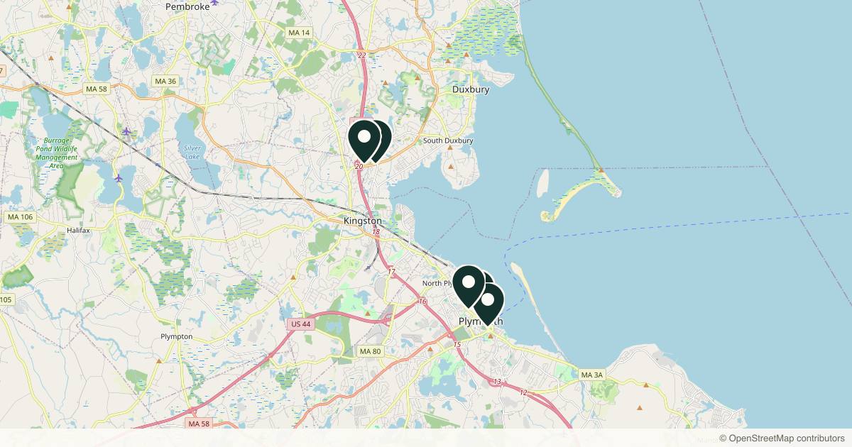 Map of 6 plastic surgery practices in Plymouth, Massachusetts