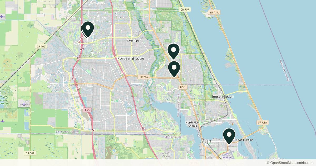 Map of 7 plastic surgery practices in Port St. Lucie, Florida