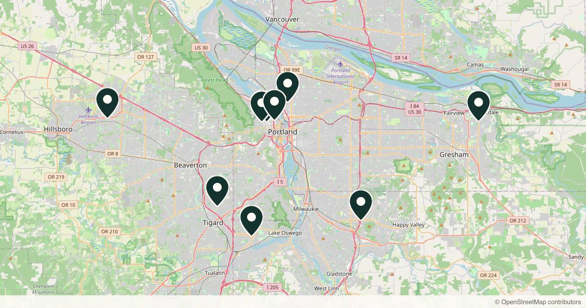 Map of 10 dermatology practices in Portland, Oregon