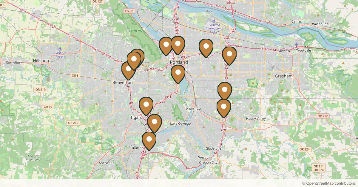 Map of 18 plastic surgery practices in Portland, Oregon
