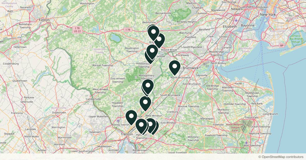 Map of 16 dermatology practices in Princeton, New Jersey
