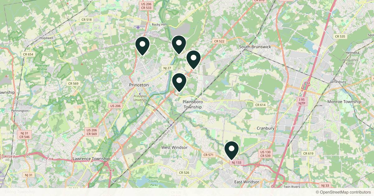 Map of 8 plastic surgery practices in Princeton, New Jersey