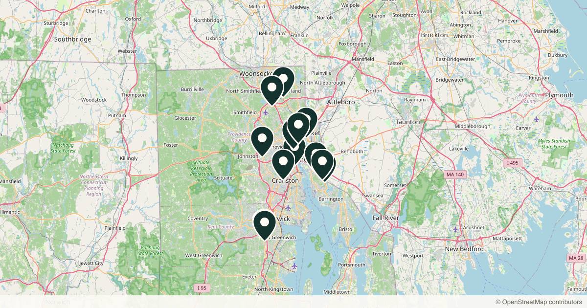 Map of 13 dermatology practices in Providence, Rhode Island