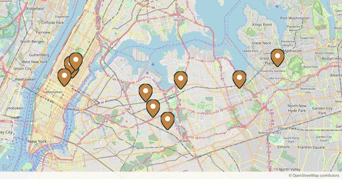 Map of 10 plastic surgery practices in Queens, New York