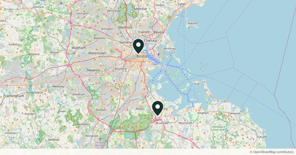 Map of 3 plastic surgery practices in Quincy, Massachusetts