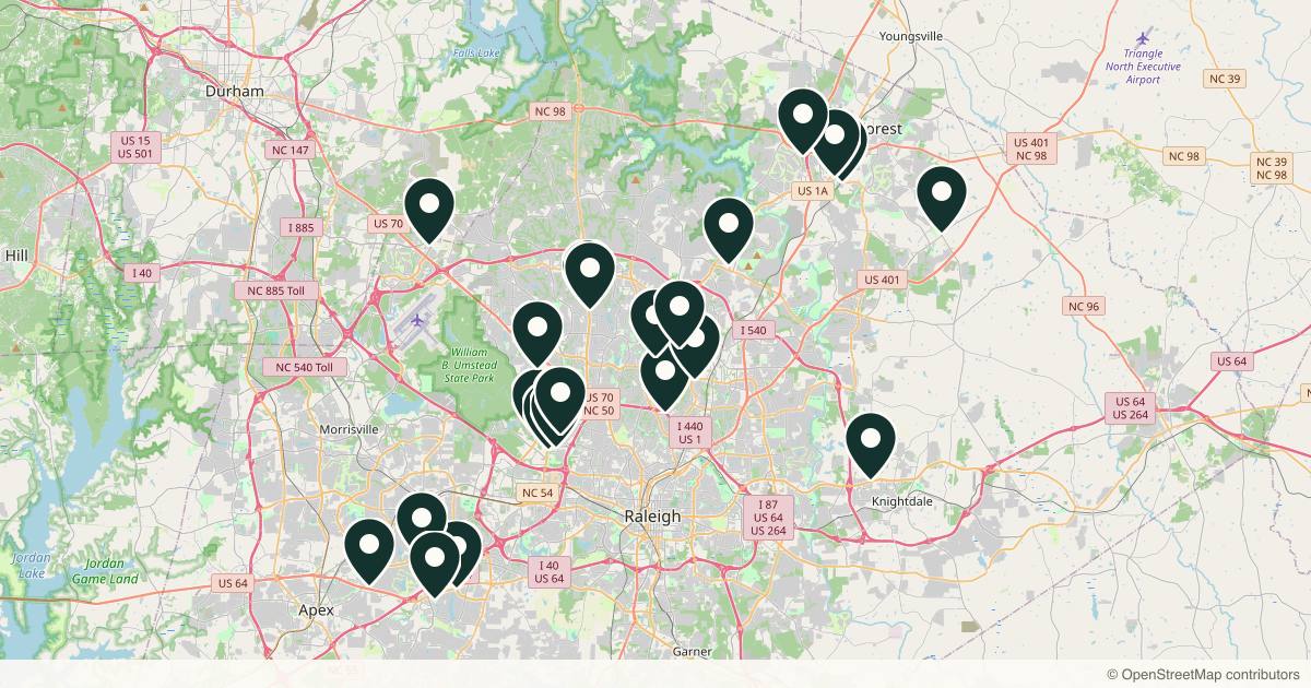 Map of 25 dermatology practices in Raleigh, North Carolina