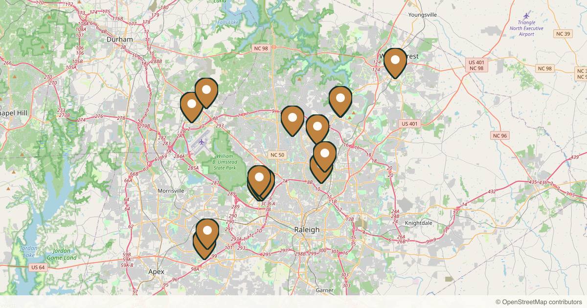 Map of 15 plastic surgery practices in Raleigh, North Carolina