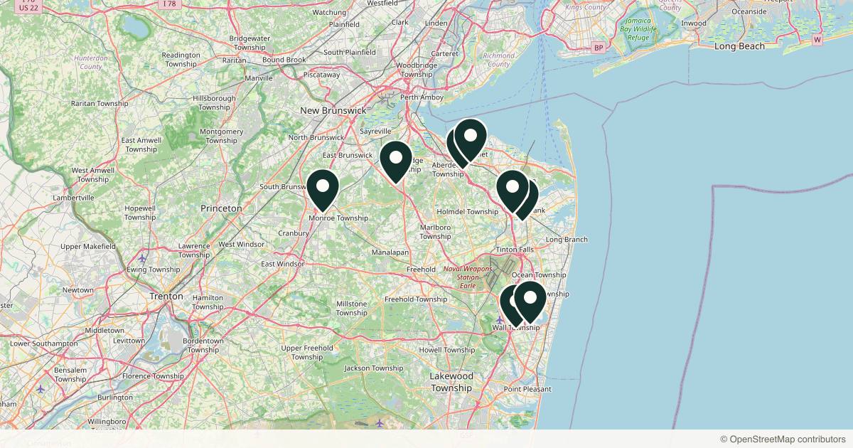 Map of 9 dermatology practices in Red Bank, New Jersey