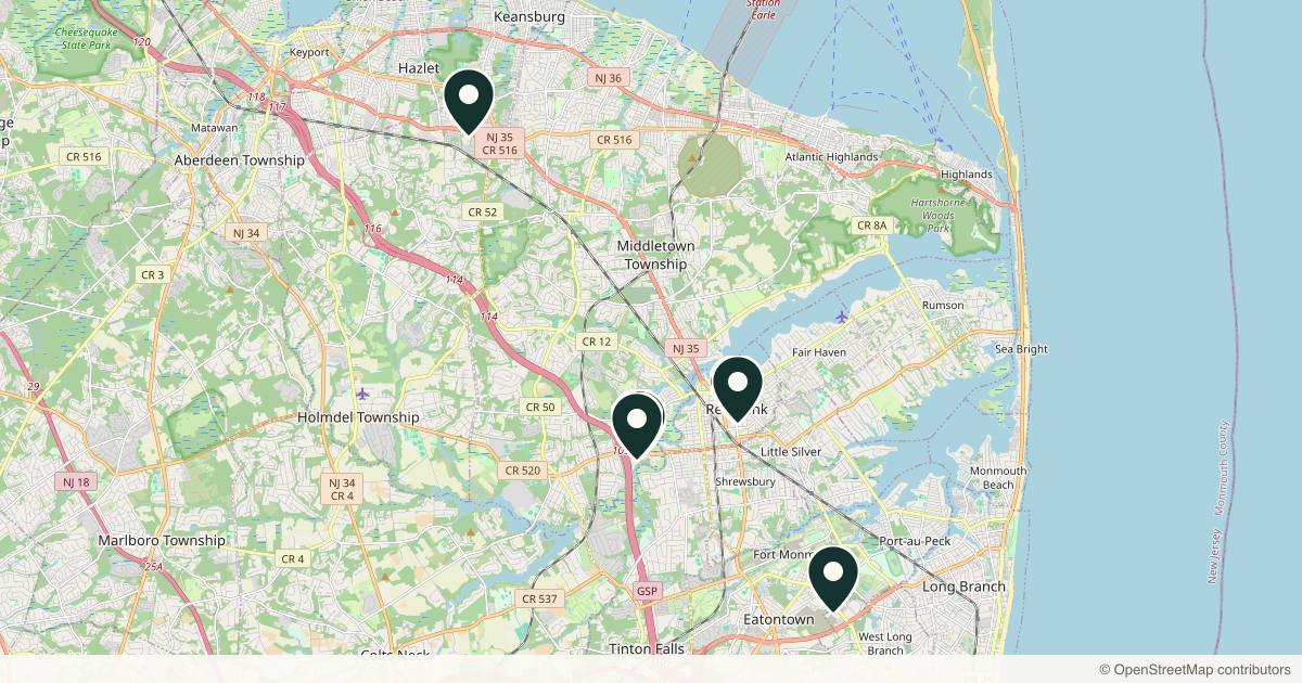 Map of 9 plastic surgery practices in Red Bank, New Jersey