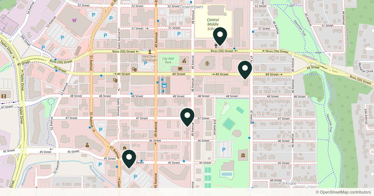 Map of 4 plastic surgery practices in Red Deer, Alberta