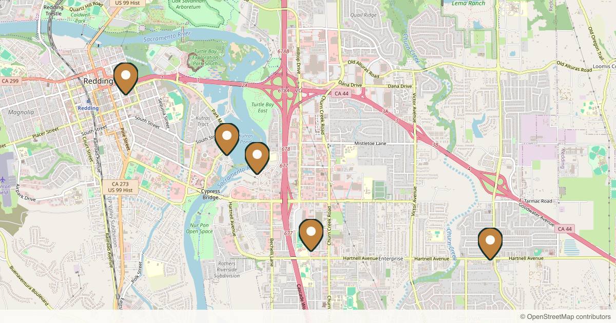 Map of 4 plastic surgery practices in Redding, California