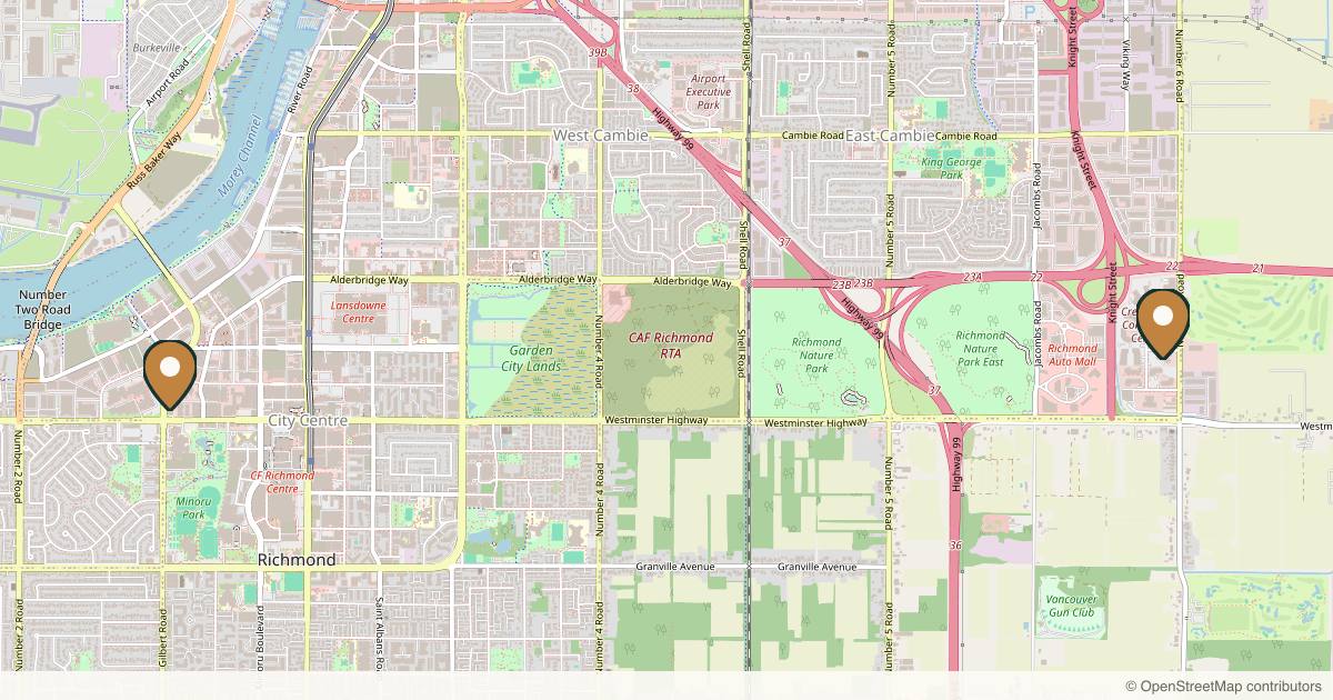 Map of 3 plastic surgery practices in Richmond, British Columbia