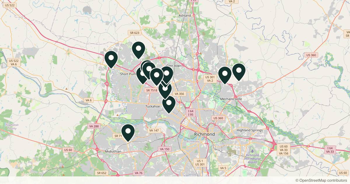 Map of 13 dermatology practices in Richmond, Virginia