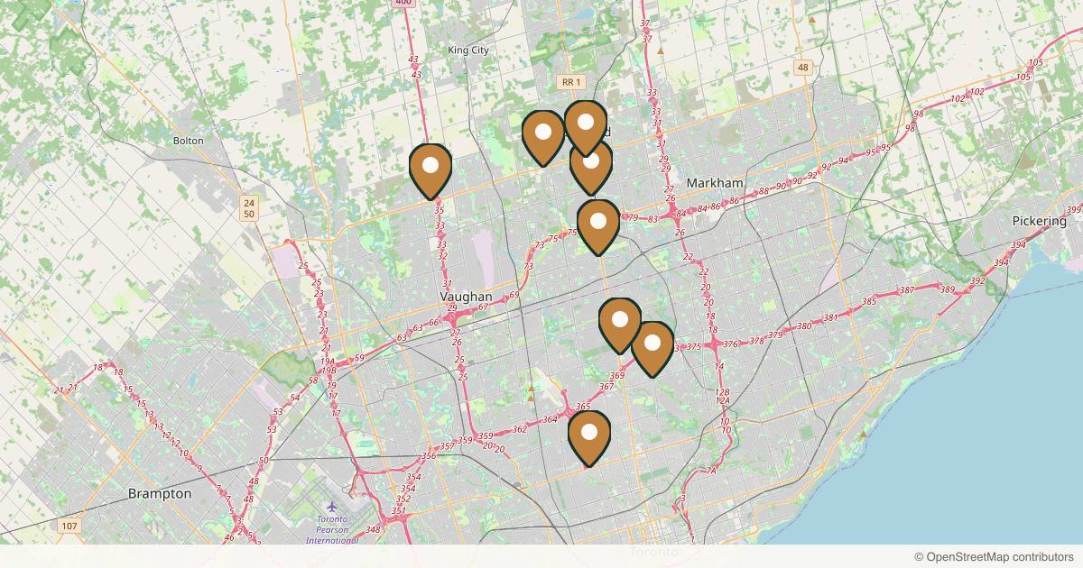 Map of 9 plastic surgery practices in Richmond Hill, Ontario