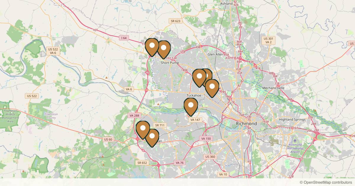 Map of 10 plastic surgery practices in Richmond, Virginia
