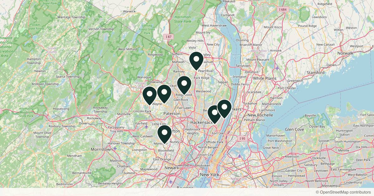 Map of 7 plastic surgery practices in Ridgewood, New Jersey
