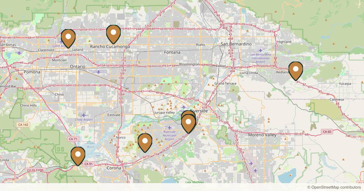 Map of 10 plastic surgery practices in Riverside, California