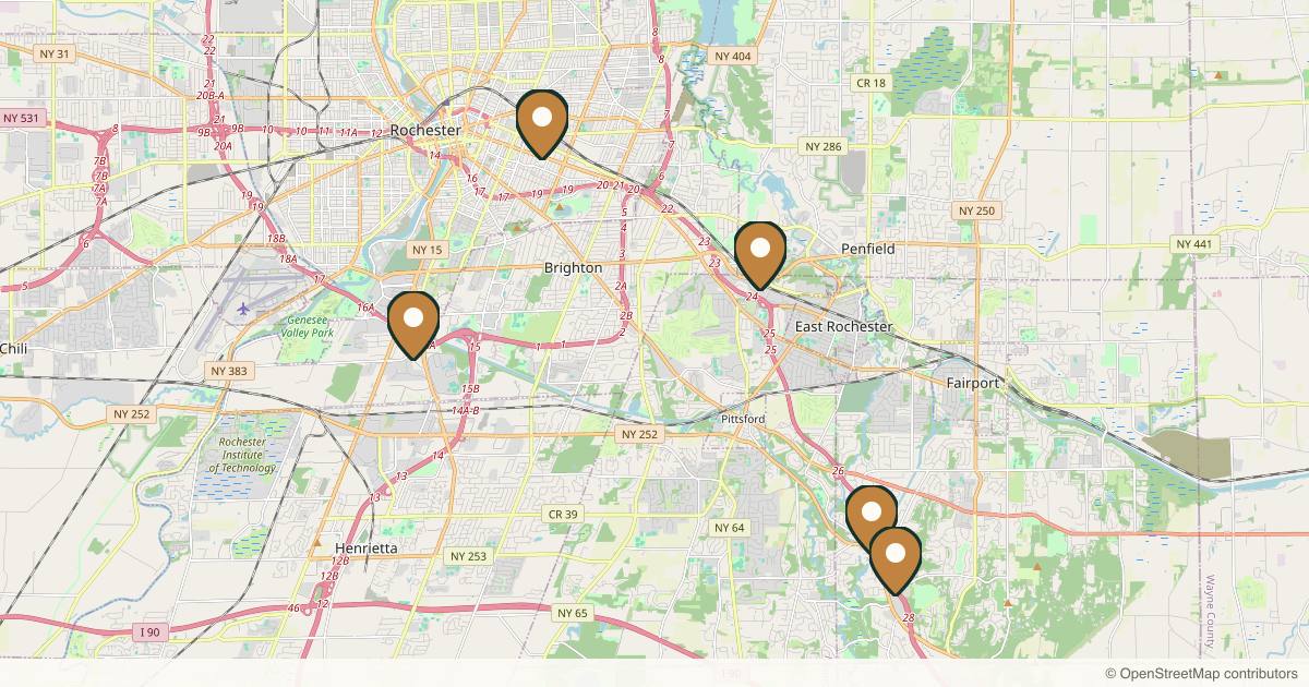 Map of 8 plastic surgery practices in Rochester, New York