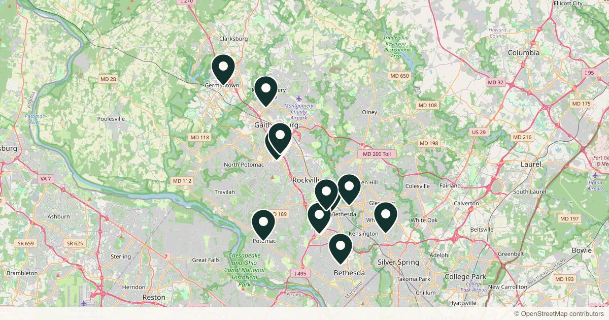 Map of 17 dermatology practices in Rockville, Maryland