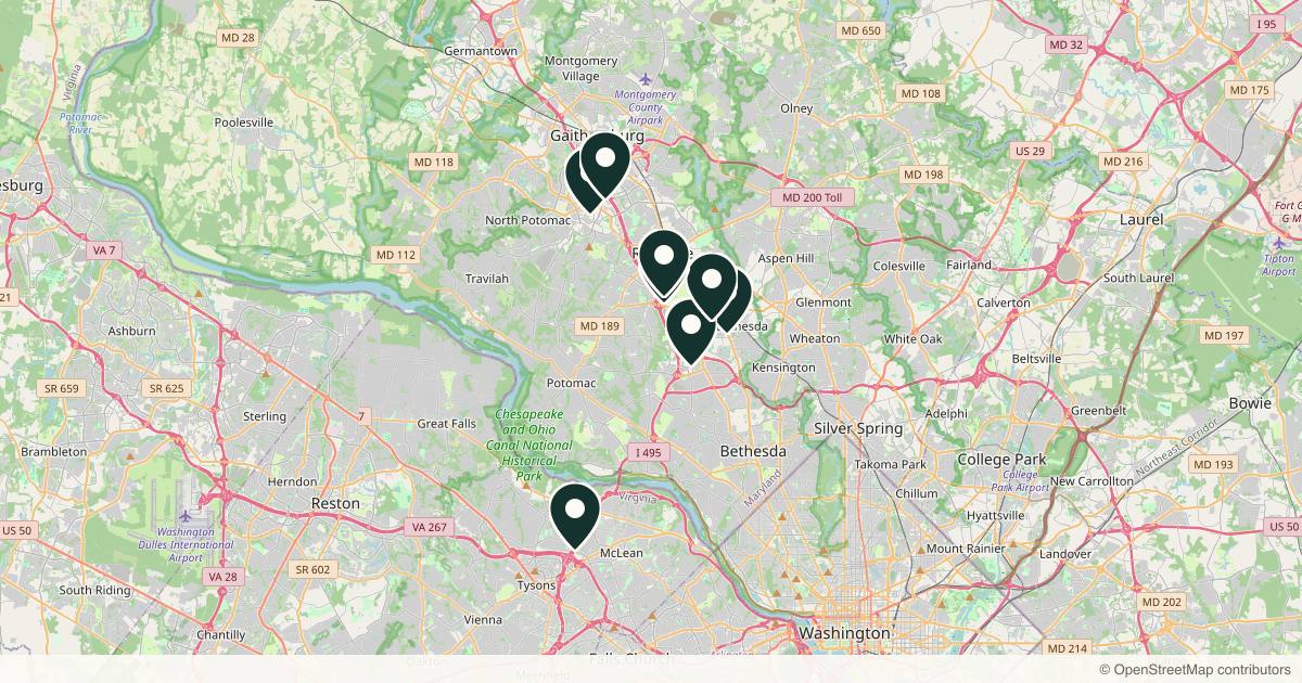 Map of 10 plastic surgery practices in Rockville, Maryland