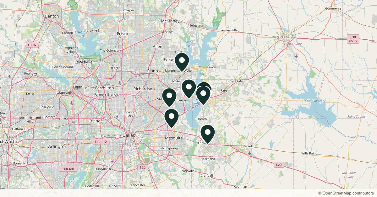 Map of 11 dermatology practices in Rockwall, Texas