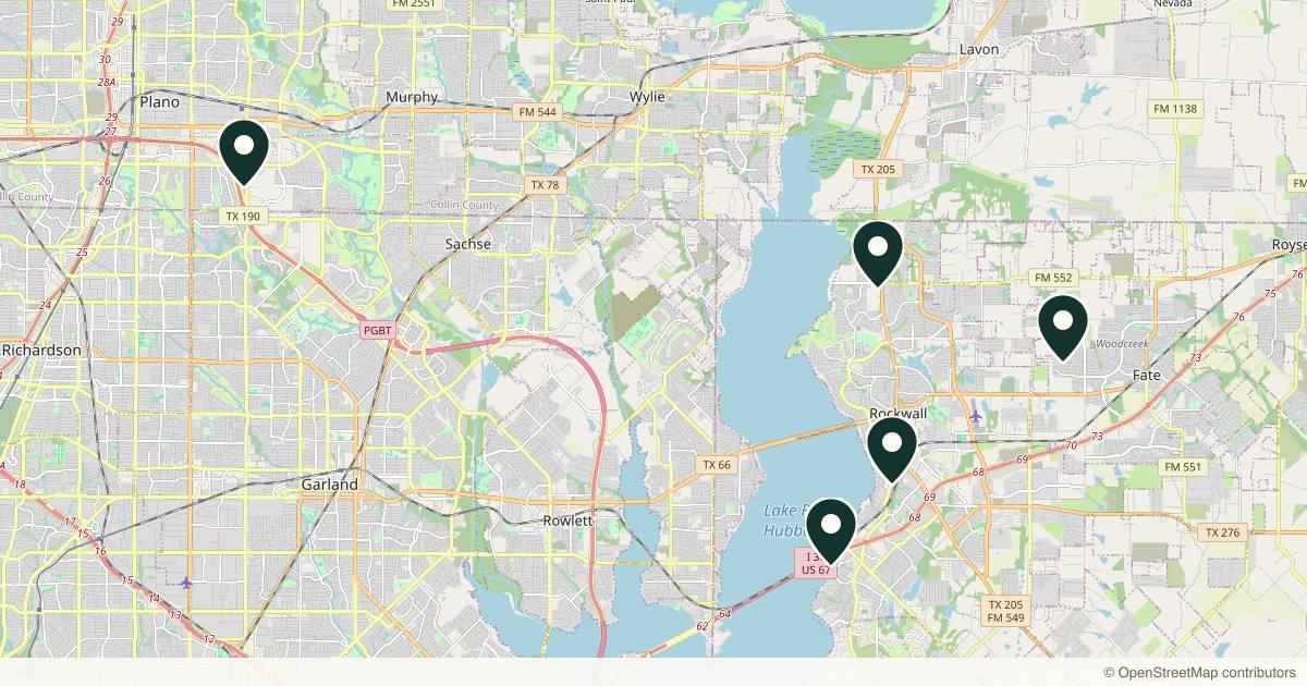 Map of 5 plastic surgery practices in Rockwall, Texas